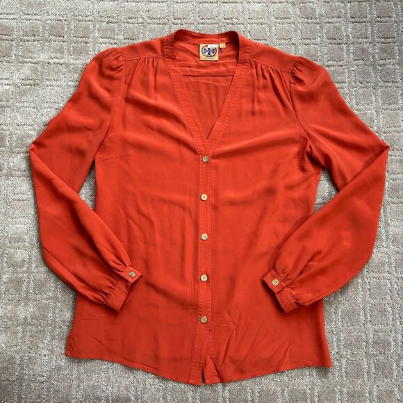 TORY BURCH Silk Blouse Women's Size 2 Orange Career Office Work V-Neck *READ* - Picture 1 of 14